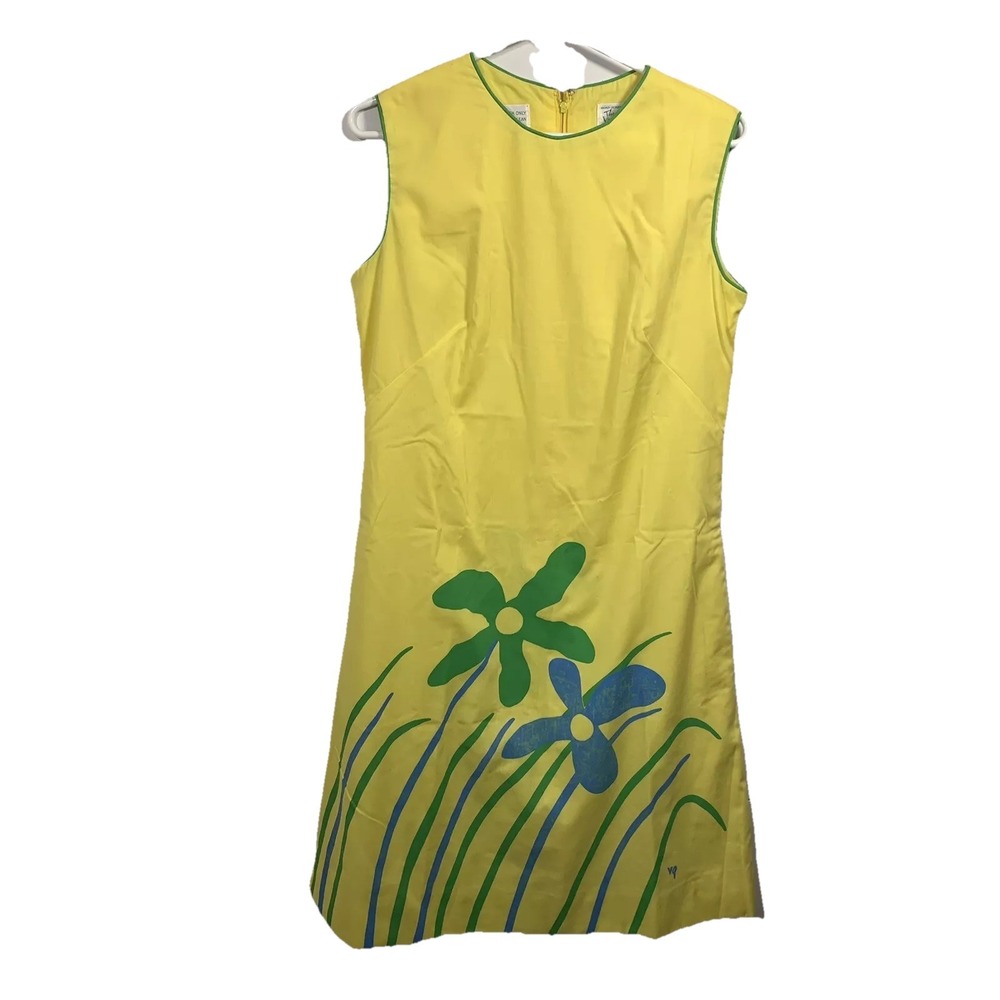 Vintage 60s Vested Gentress Dress Sleeveless Floral Sz 12 Yellow Retro Mod READ‎